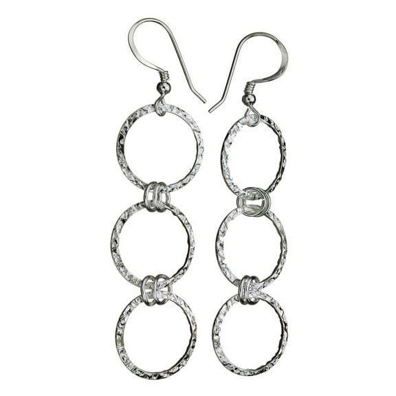Sterling Silver Flat Hammered Circle Medium Links Long Earrings Italy