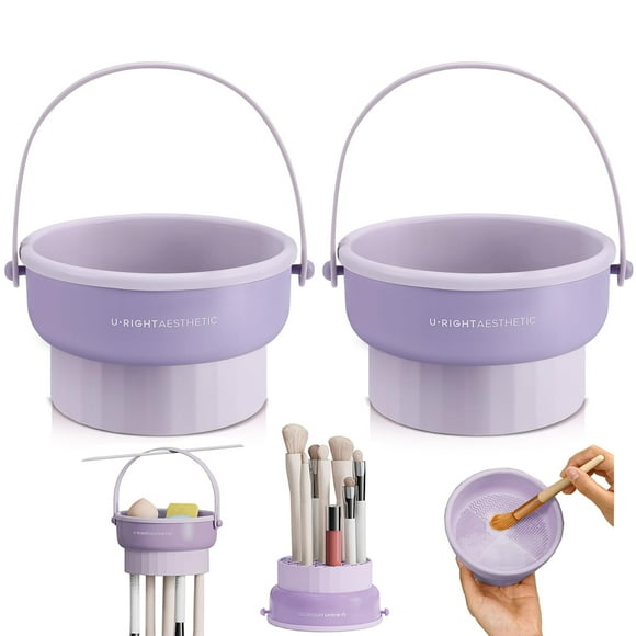 GOLIKEE 2 Pack Makeup RRF12 Brush Cleaner Mat 1 Silicone Makeup Brush Cleaner Makeup Brush Cleaning Bowl Makeup Brush Sponge Scrubber Tool for Cleaning, Storage And Upside Down Drying(Two Purple)
