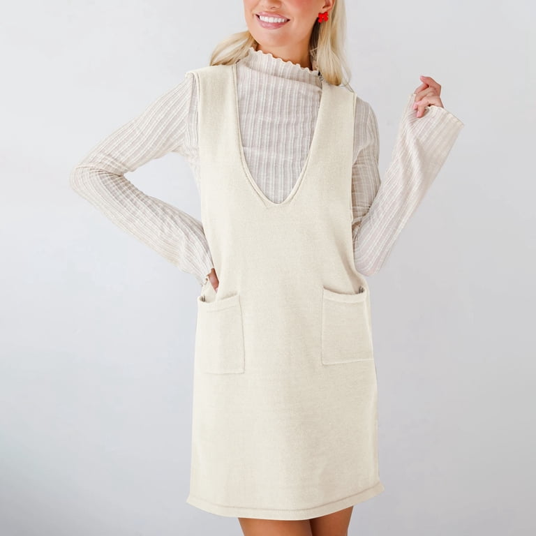HJYCHN Stylish Women's Knit V-Neck Sleeveless Pullover Sweater Vest  Pinafore Mini Casual Dress with Convenient Pockets Beige S - Walmart.com