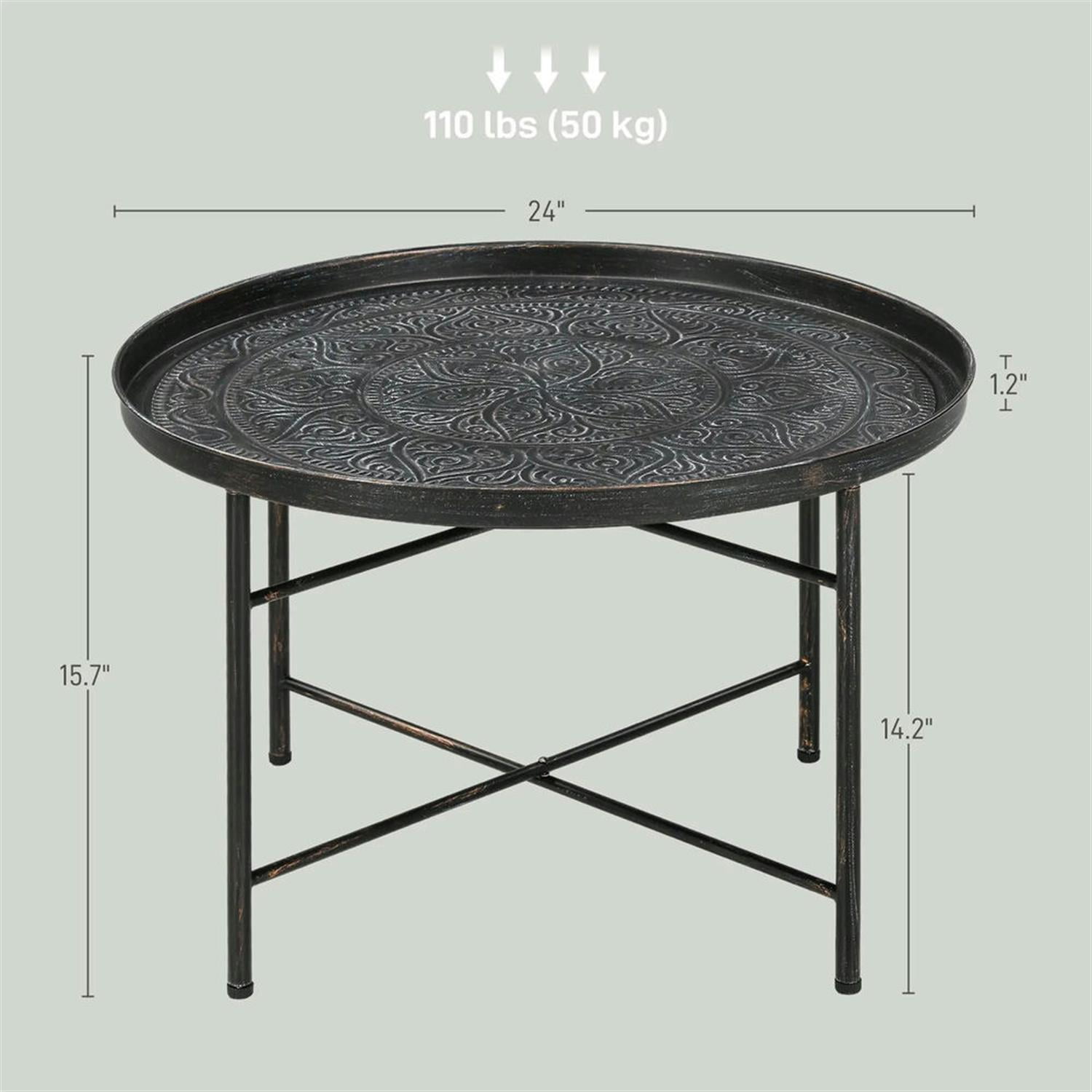 Demi Bonn 24" Round Living Room Coffee Table with Hammered Metal Frame, Pewter for Bedroom, Stylish Center Table, Gray