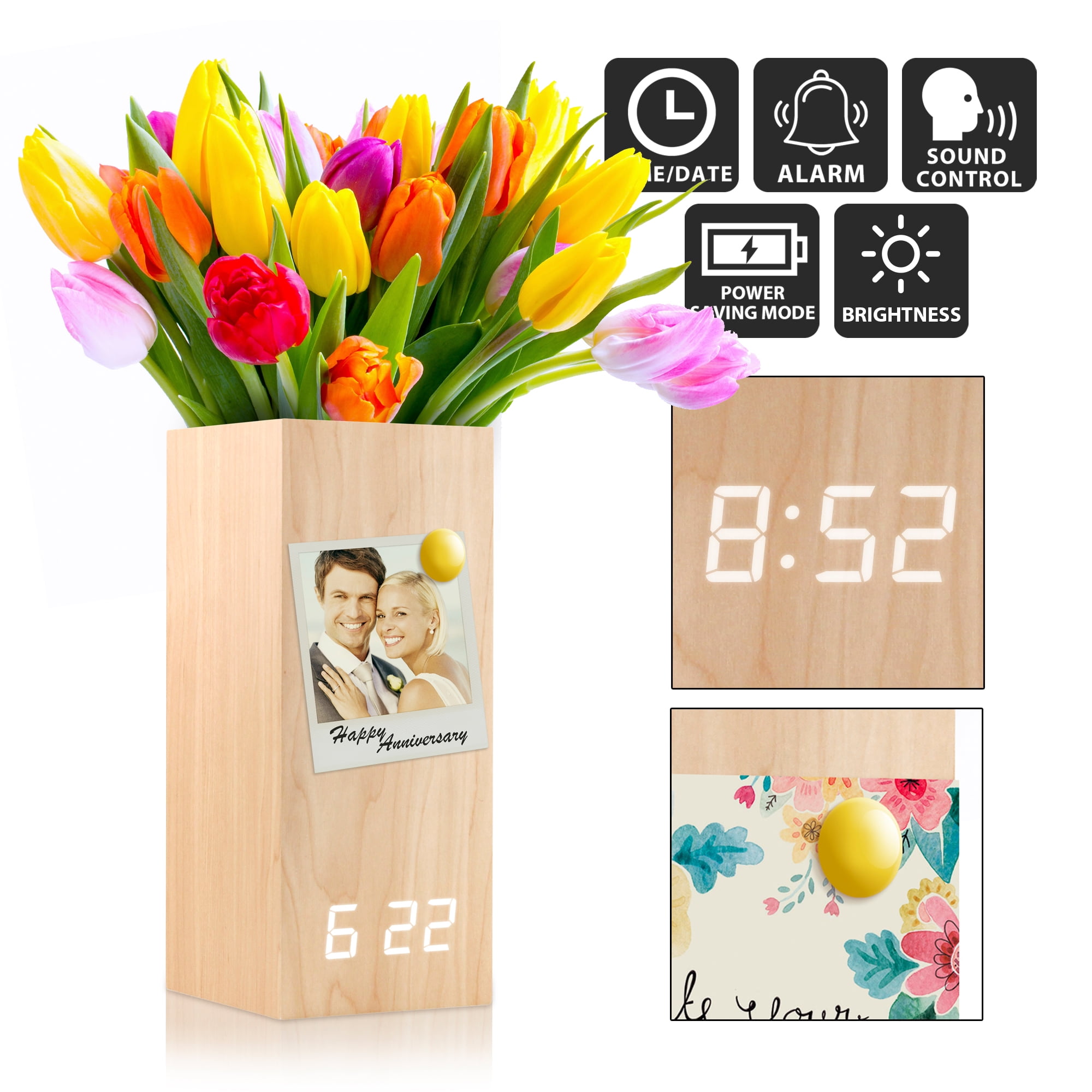 Wooden Alarm Clock Vase Modern Wood Digital Alarm Clock Voice Control
