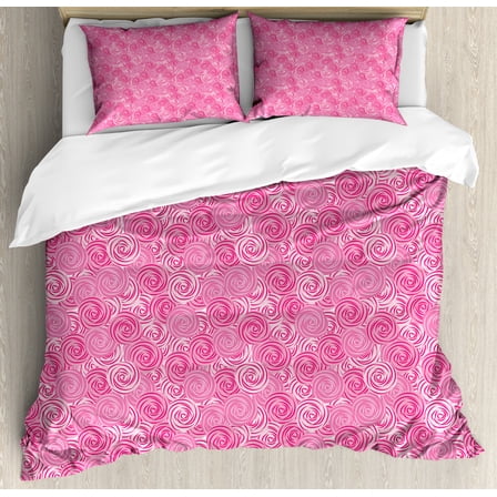 Rose Queen Size Duvet Cover Set, Abstract Style Round Flower Motifs Inspired by Graceful Spring Nature, Decorative 3 Piece Bedding Set with 2 Pillow Shams, Pale Rose Pink and Magenta, by Ambesonne