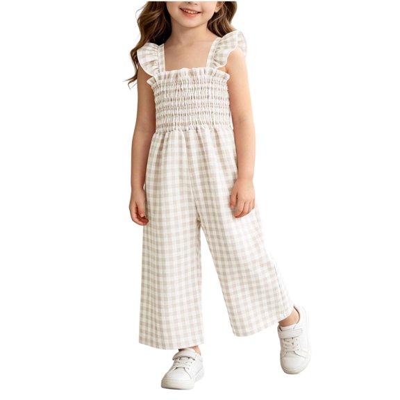 SERTGUTR Girls' Jumpsuit Romper Smocked Wide Leg Ruffle Strap Gingham Plaid Square Neck Casual Summer School Playground Everyday Wear