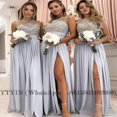 thumbnail image 3 of Vestidos de dama de honor con cuello transparente, azul claro, abertura lateral larga, apliques de encaje de gasa, cuello joya, sin mangas, boda en la playa, personalizado, 3 of 5