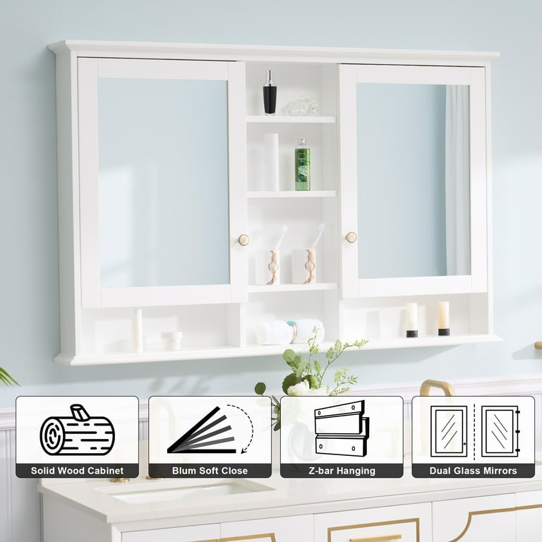 Forclover 55 x 35 Wall Mounted Mirrored Medicine Cabinet for Bathroom 3 Tier Wood Mirror Cabinet Storage with 2 Soft close Door Bathroom Accessory