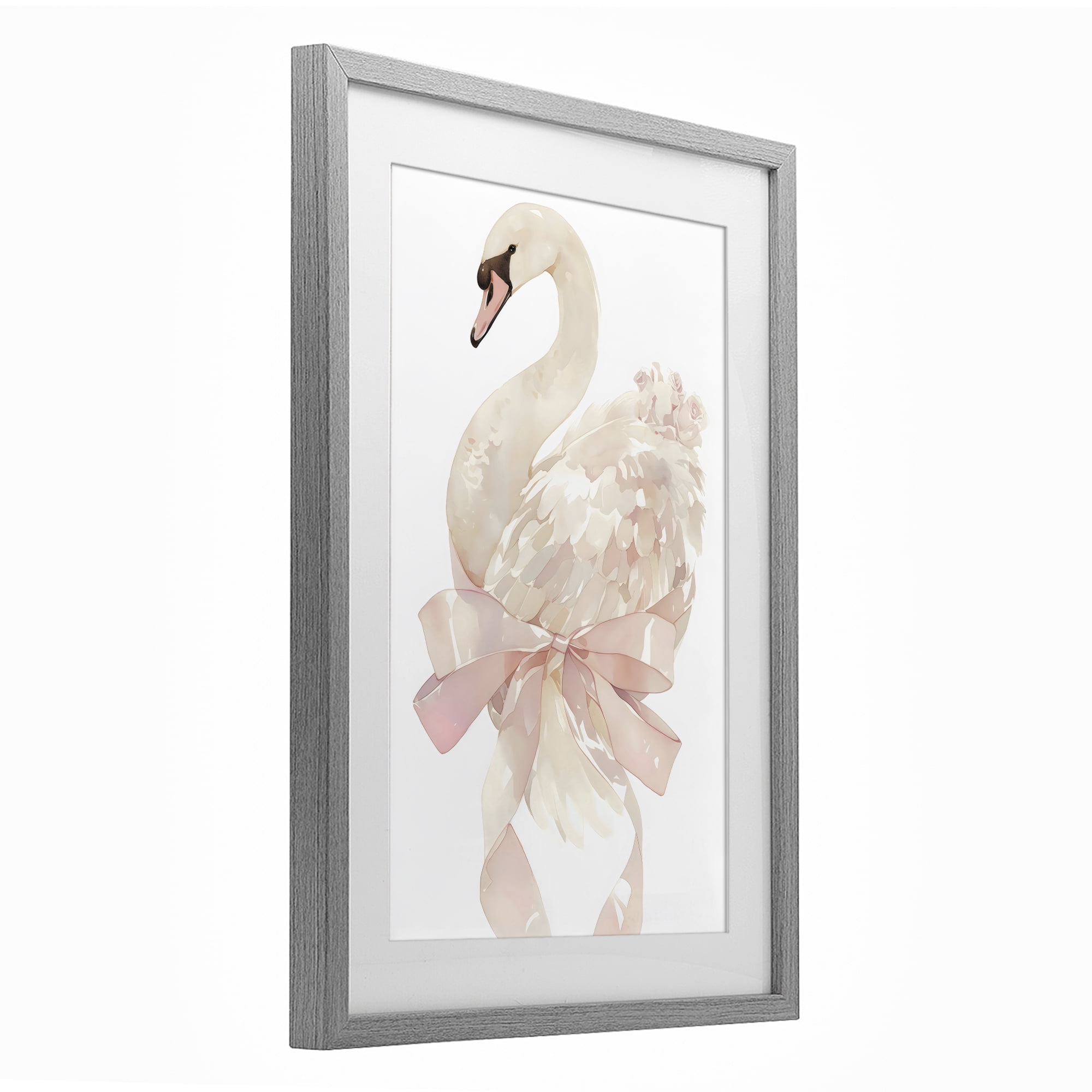 Stupell Industries Coquette Swan with Bow Gray Framed Print Under Glass, design by Creative Studio