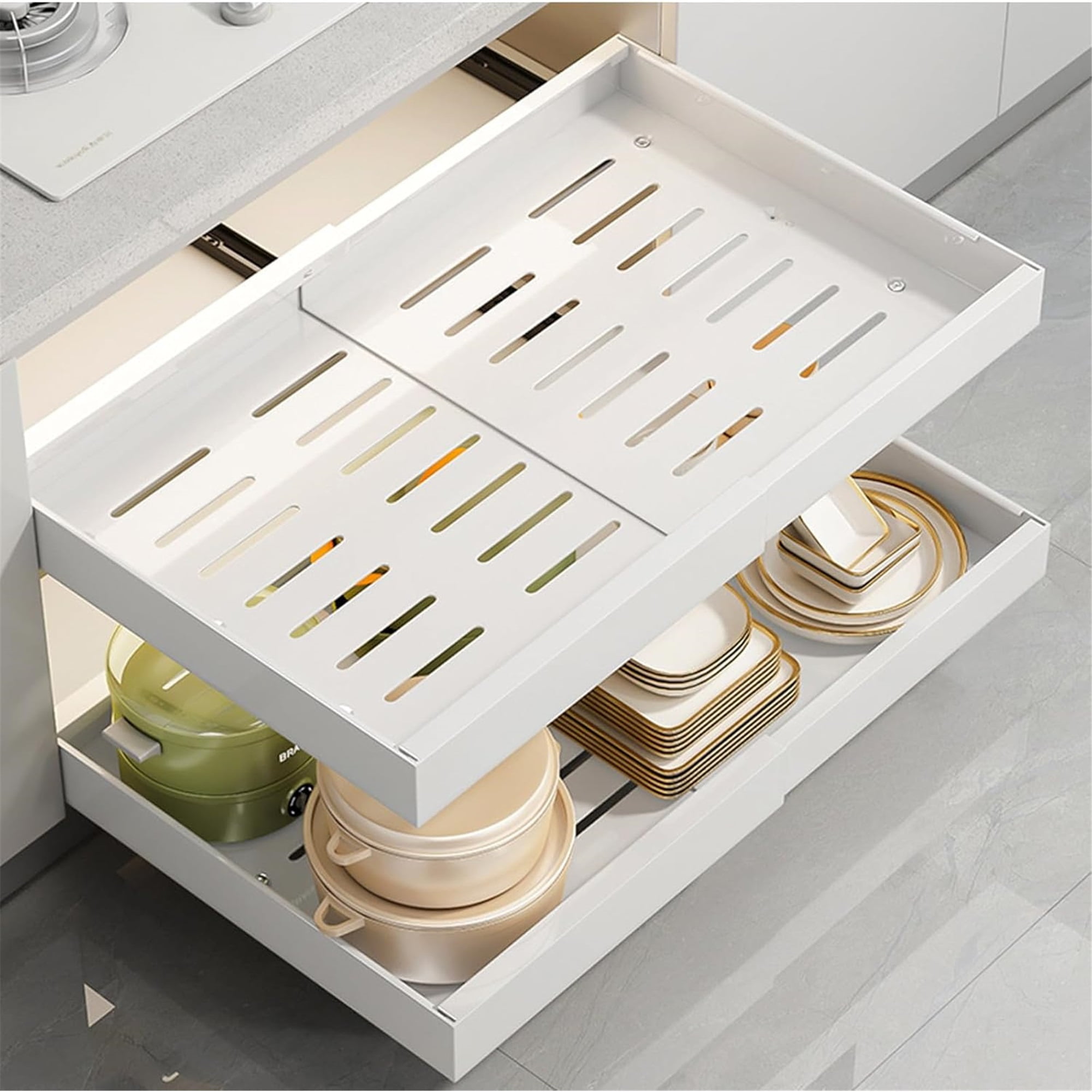 Pull out Cabinet Organizer, Expandable(12.6"-20.5") Pull Out Drawers for Cabinets with Adhesive Nano Film for Pots, Roll out Shelf Storage for Kitchen Base Cabinet Organization,White