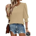 thumbnail image 4 of bbyeadc Brown Blouses for Women Round Neck Smocked Cuff Ruched Shirts Three Quarter Sleeve Dressy Casual Loose Fit Trendy T-Shirt Blouses Summer Solid Business Casual Blouses, Camel XL, 4 of 7
