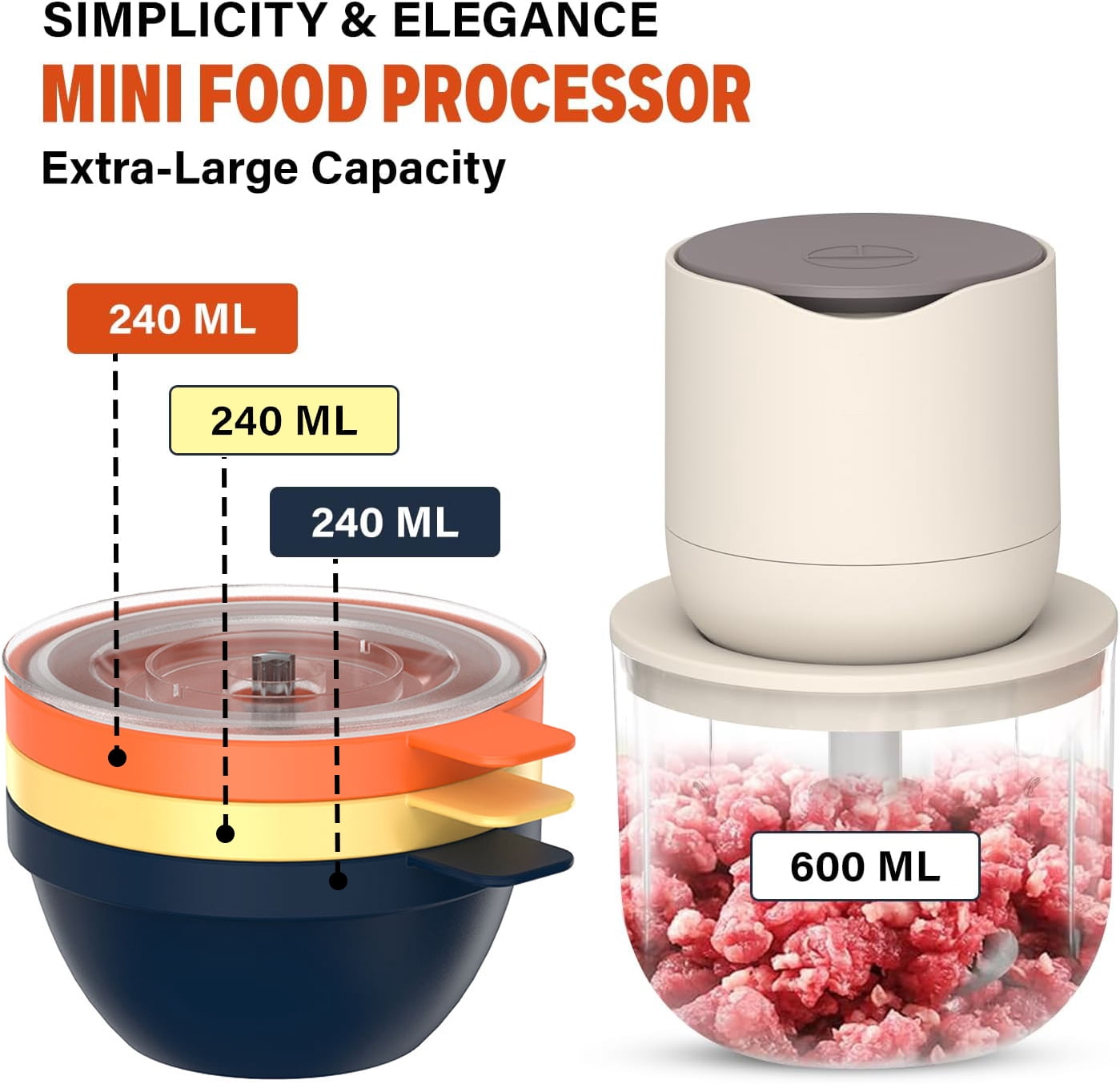 4-in-1 Small Food Processor with Bowl, OGEDNAC Electric Food Chopper, 4 Bowls, Meat Grinder, Small Blender for Baby Food & Vegetables, Beige