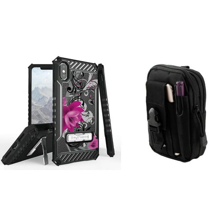 Beyond Cell Tri Shield Military Grade Shock Proof Kickstand Case (Lotus Vine) with Tactical EDC MOLLE Belt Bag Pouch and Atom Cloth for iPhone Xs Max