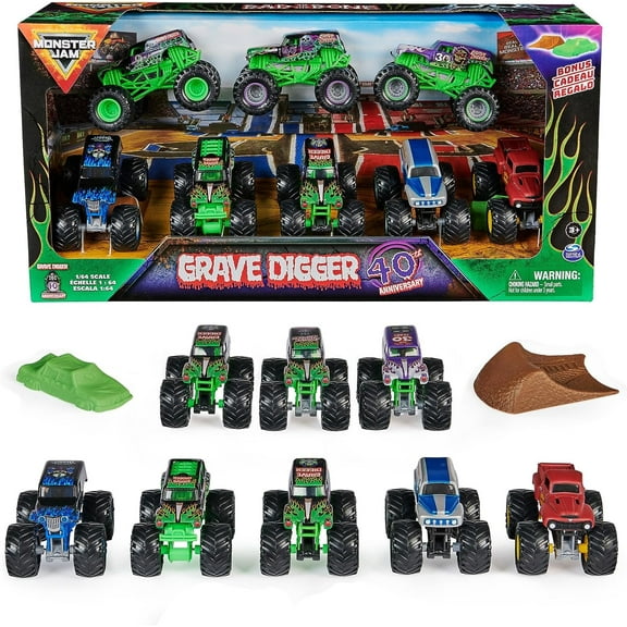 Monster Jam, Grave Digger 40th Anniversary 8-Pack Monster Trucks with Bonus Accessories, 1:64 Scale, Kids Toys for Boys and Girls 3 and up