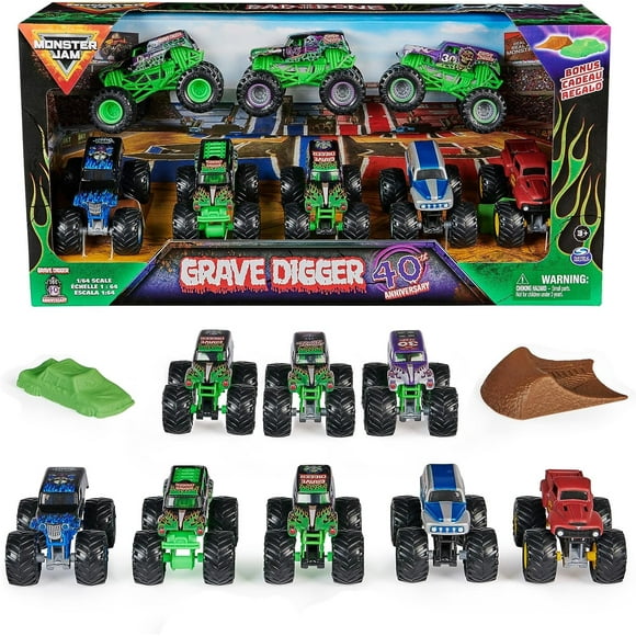 Monster Jam, Grave Digger 40e Anniversaire 8-Pack Monster Trucks avec Accessoires Bonus, Échelle 1:64, Jouets pour Enfants pour Garçons et Filles 3 et Plus