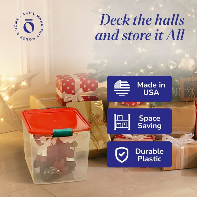 HOMZ 31 Qt Christmas Ornament Storage Boxes, Plastic Bin with