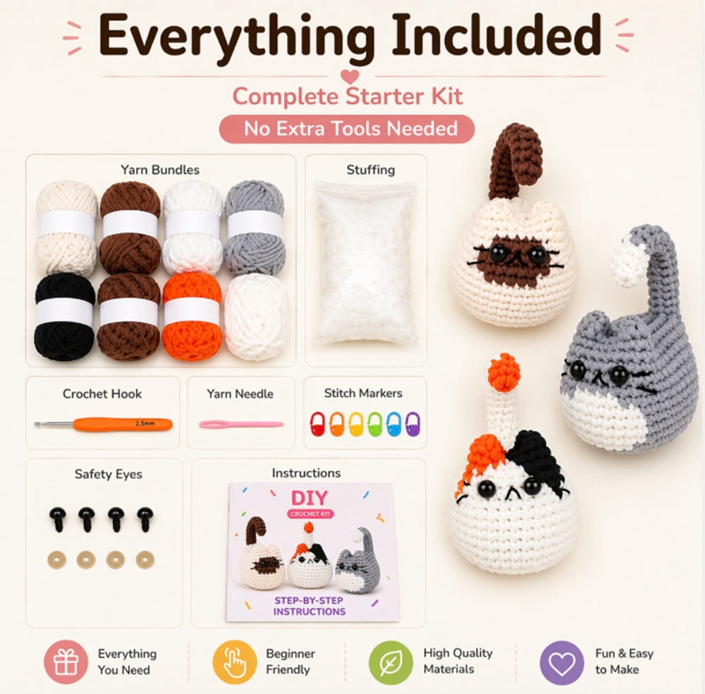 3 Pack Cat Crochet Kit for Beginners, Cat Amigurumi Starter Set with Step by Step Video Tutorials, TIKA