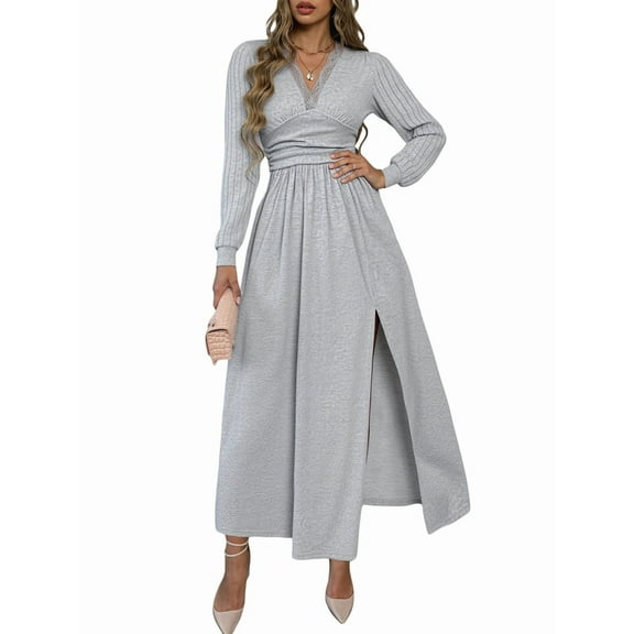 Women Deep V Neck Long Sleeve Slit Fall Elegant Formal Wedding Guest Evening Date Prom Maxi Long Dress Light Grey XL