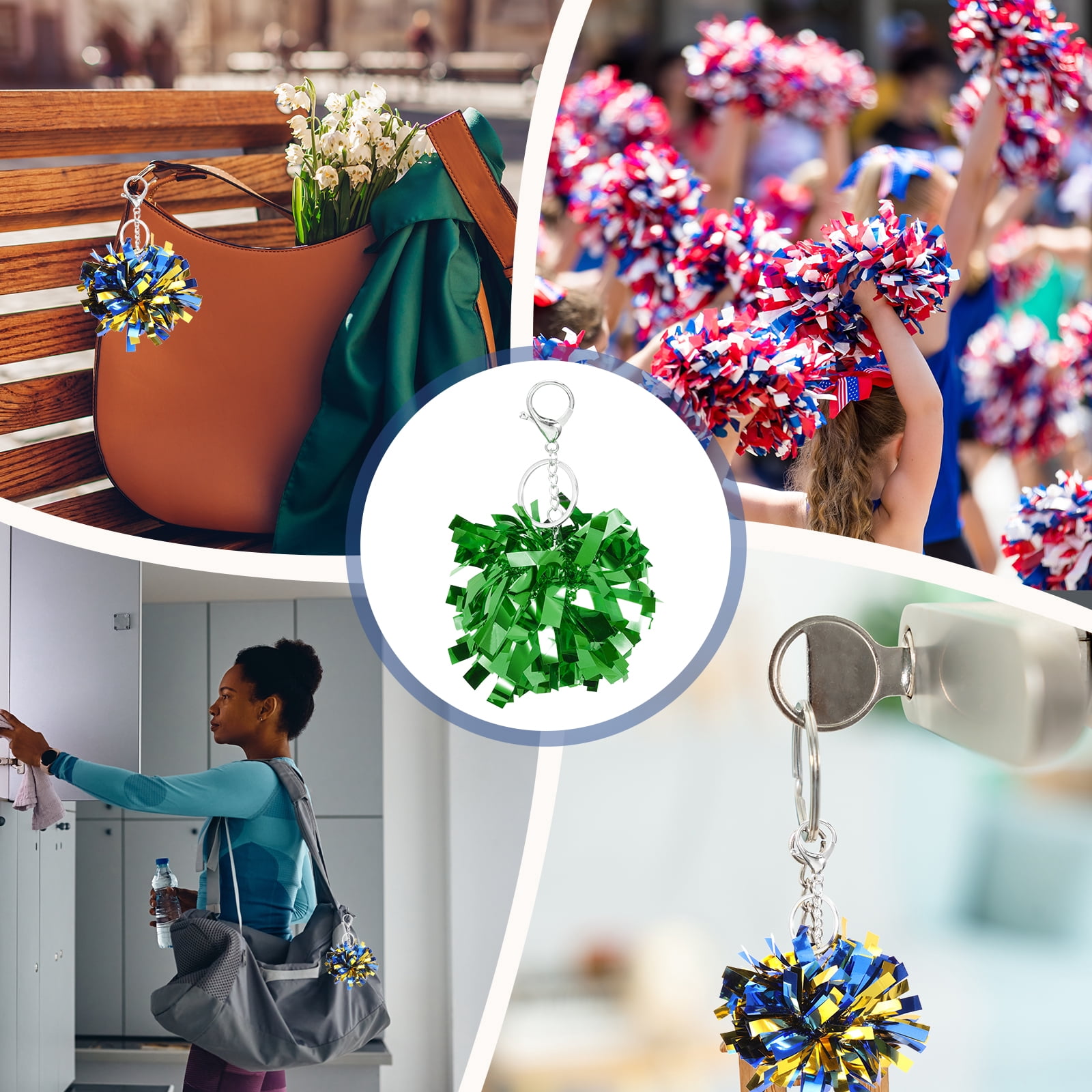 Uxcell 24 Pcs Cheer Pom Pom Keychain, Cheerleading Gift Charm Plastic Keyring Bulk for Cheerleaders Team Women Sports Events Cheer Accessory Supplies, Purple/Green/Gold Tone