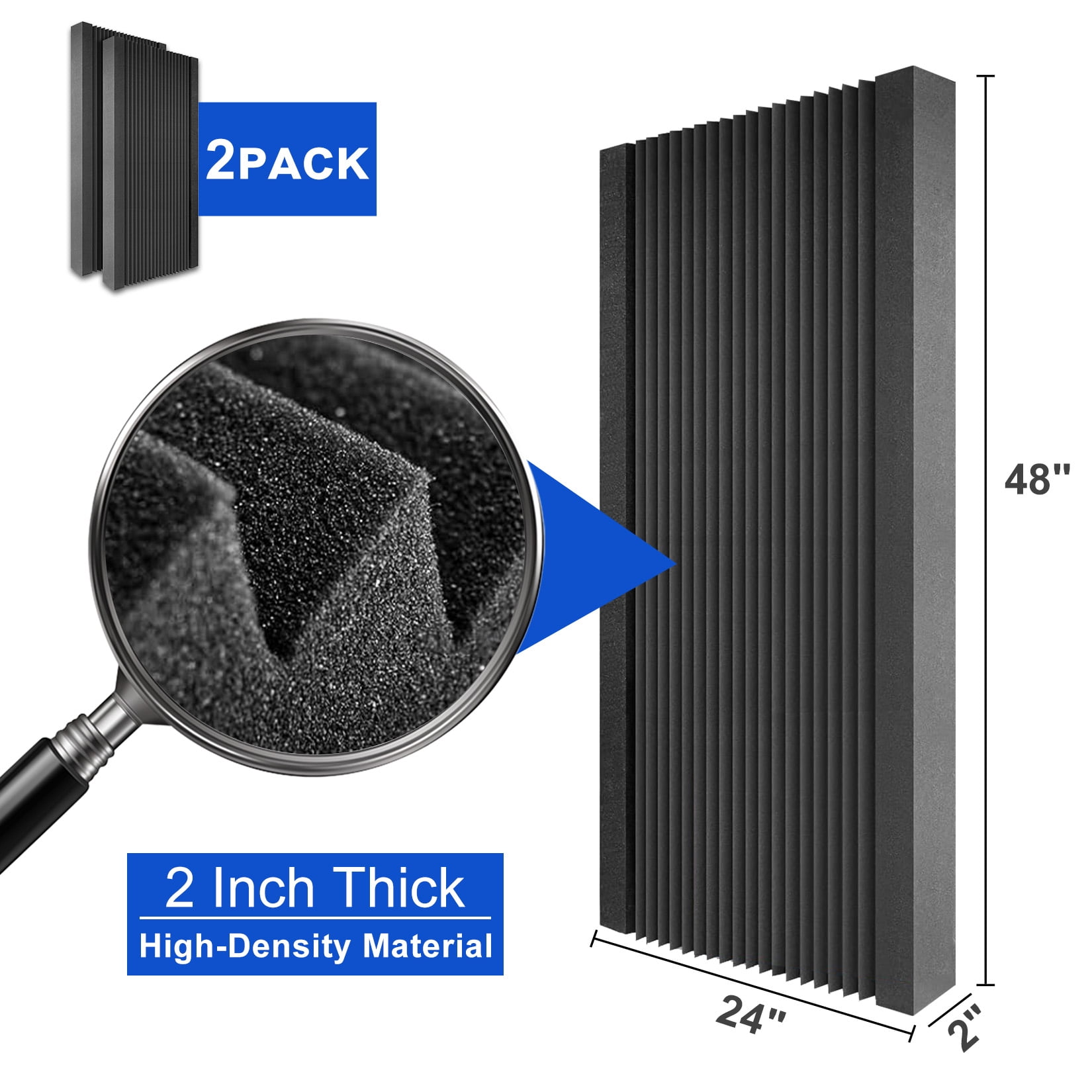2 Pack Acoustic Foam Panels 48 x 24 x 2 inch, High Density Soundproof Wedge Panels for Studio Sound Absorption, Noise Reduction Foam for Office Home Theater Recording Room