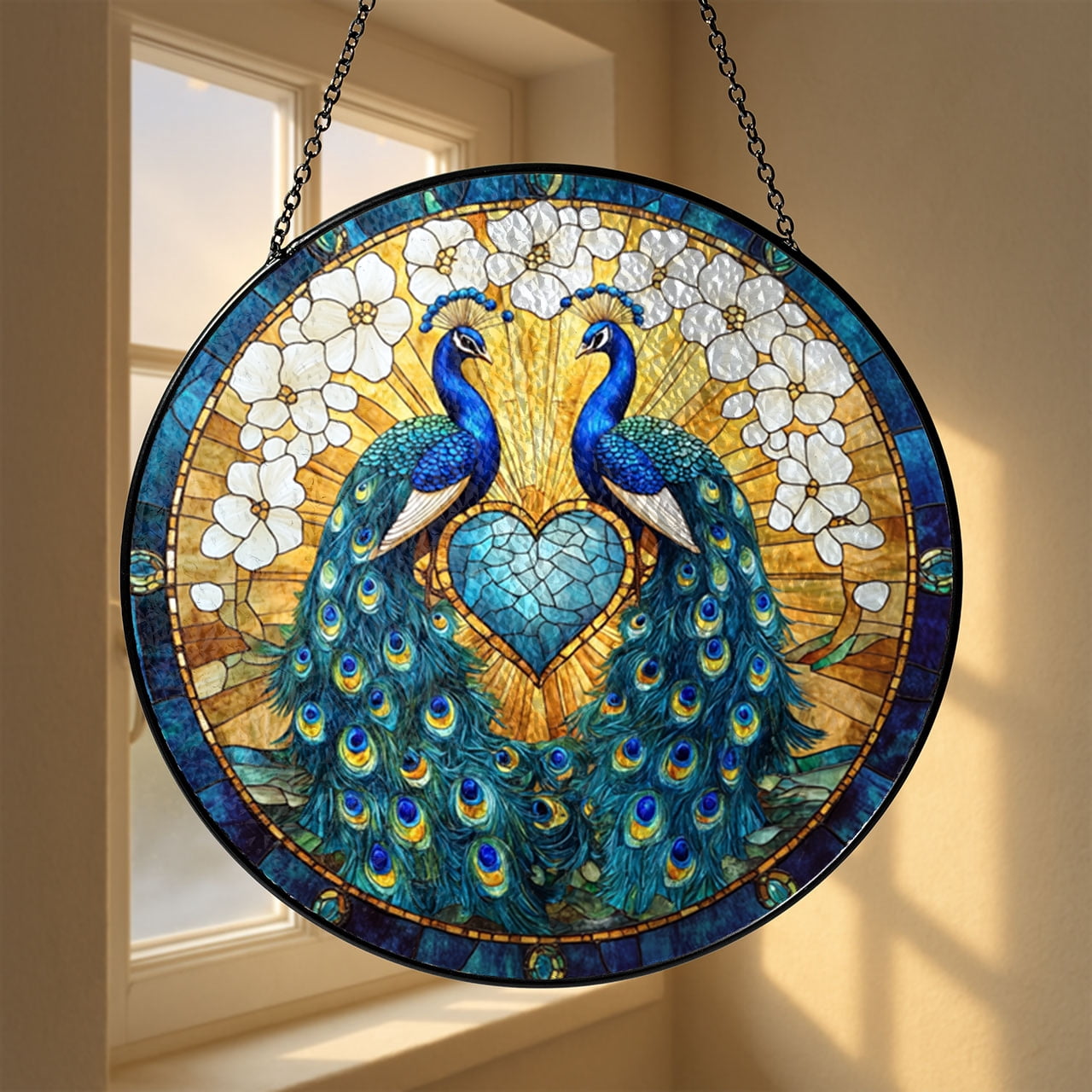 Faux Stained Glass Peacock Love Birds Round Suncatcher Window Hanging Panel for Home Decor Elegant Wedding Anniversary Theme