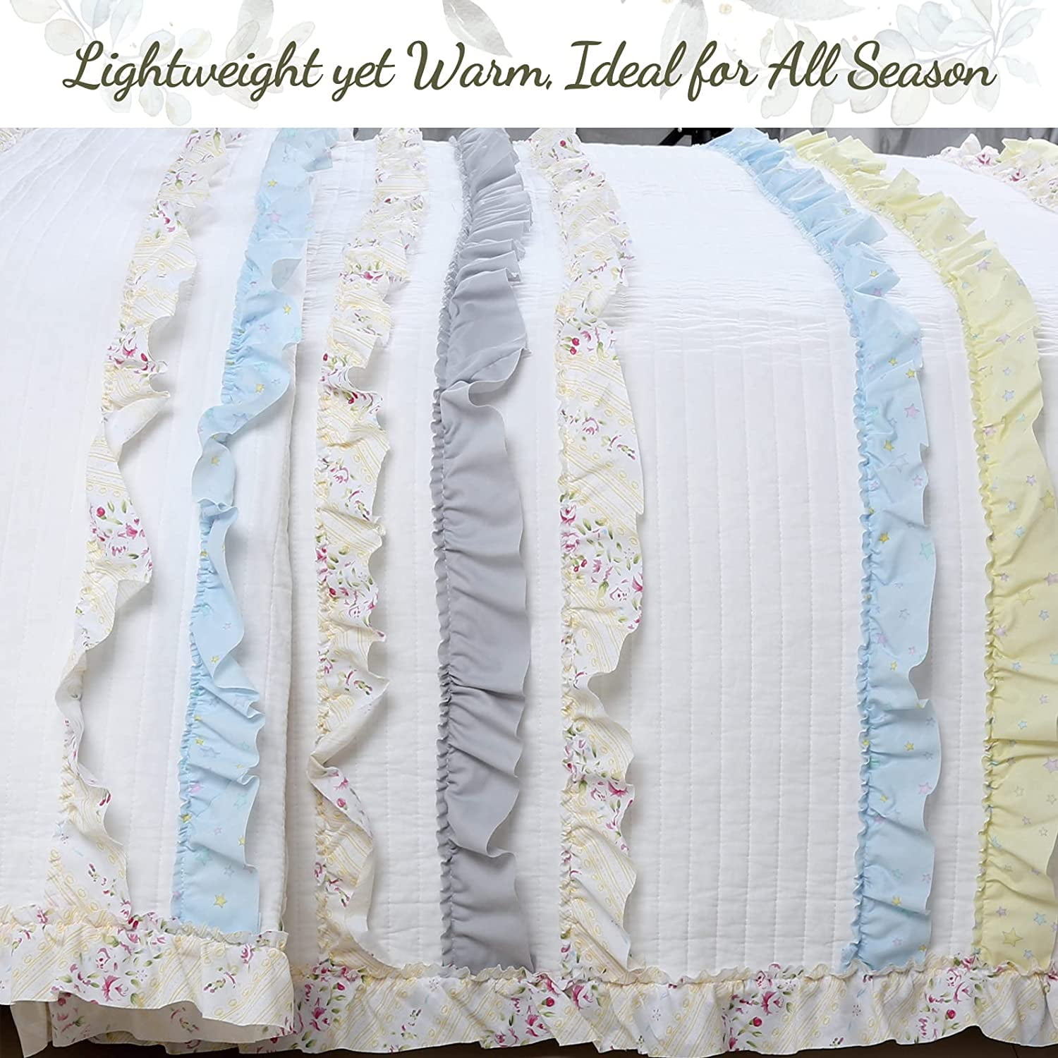 Ruffle Floral Blue Yellow Grey Stripe Reversible Cotton Twin Quilt  display picture 1