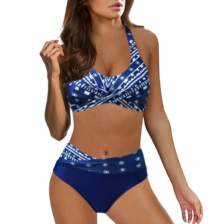 Huesdet Women High Waisted Bikini Set Color Block Swimsuit 2 Piece High Cut Bathing Suit Tummy Control Teens Cheeky(Dark Blue XL)