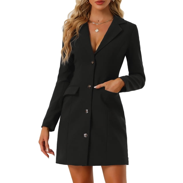 Unique Bargains Robe Blazer Décontractée pour Femmes Col à Revers Cranté Bureau Travail Noir TG