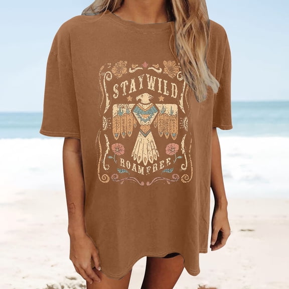 Trendfront Womens Oversize Tops Crewneck Retro Letter Graphic Casual Short Sleeve Loose Fit Tee Trendy Fashion T Shirts Pullover Streetwear