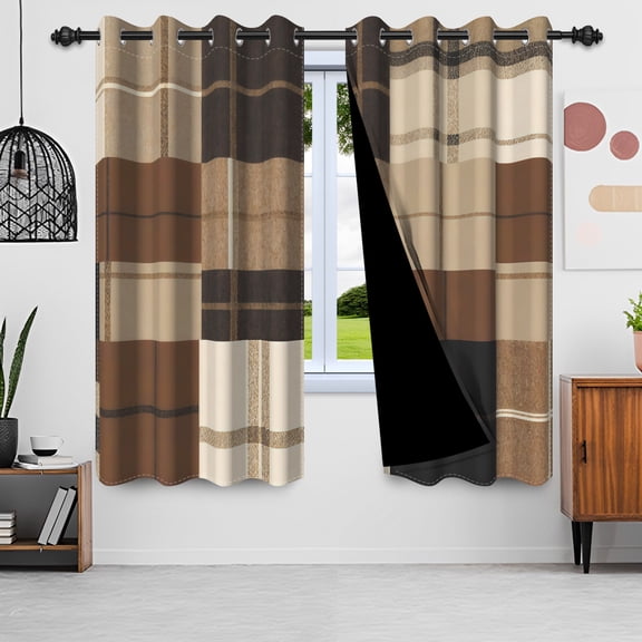 Brown Geometry Blackout Curtain Set of 2 Panels,Modern Plaid Thermal Insulated Window Drapes for Living Room and Bedroom,42x63 inch