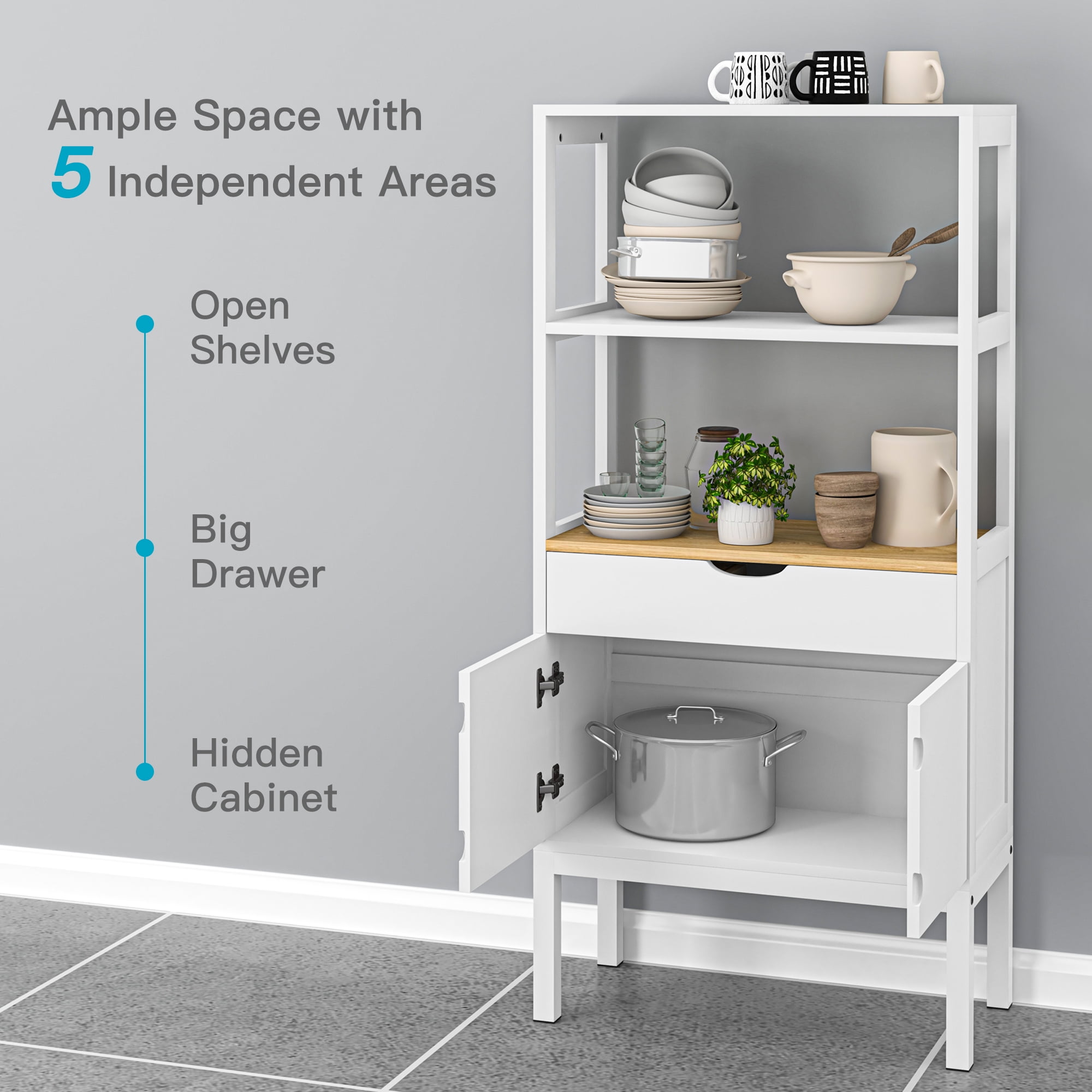 Yardi Yard Kitchen Pantry Cabinet with Drawer and 3 Open Shelves, White Wooden Bathroom Cabinet Yardi Yard Kitchen Pantry Cabinet with Drawer and 3 Open Shelves, White Wooden Bathroom Cabinet