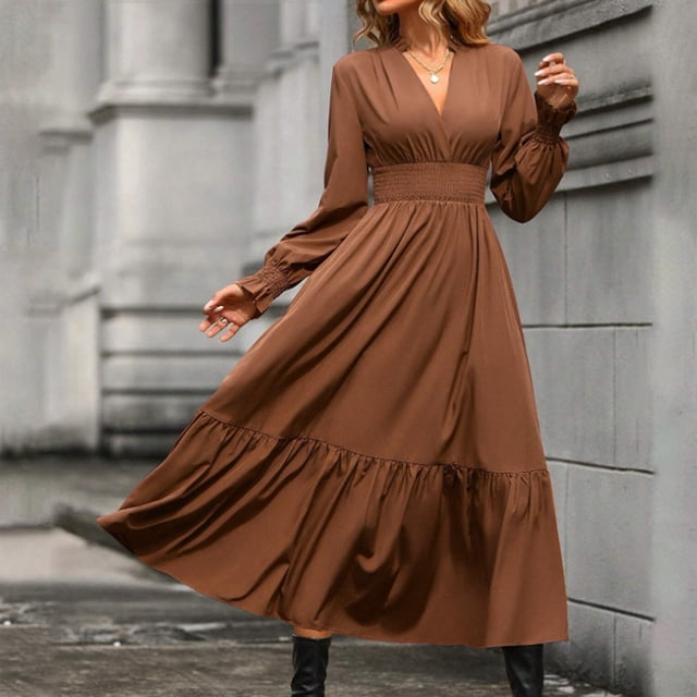 Gspmoly Robe pour Femme, Robe Unie à Manches Longues à Col en V Sans Capuche, Mode Automnale, Robes de Bureau, Robes de Cocktail jusqu'à 60 % de Rabais