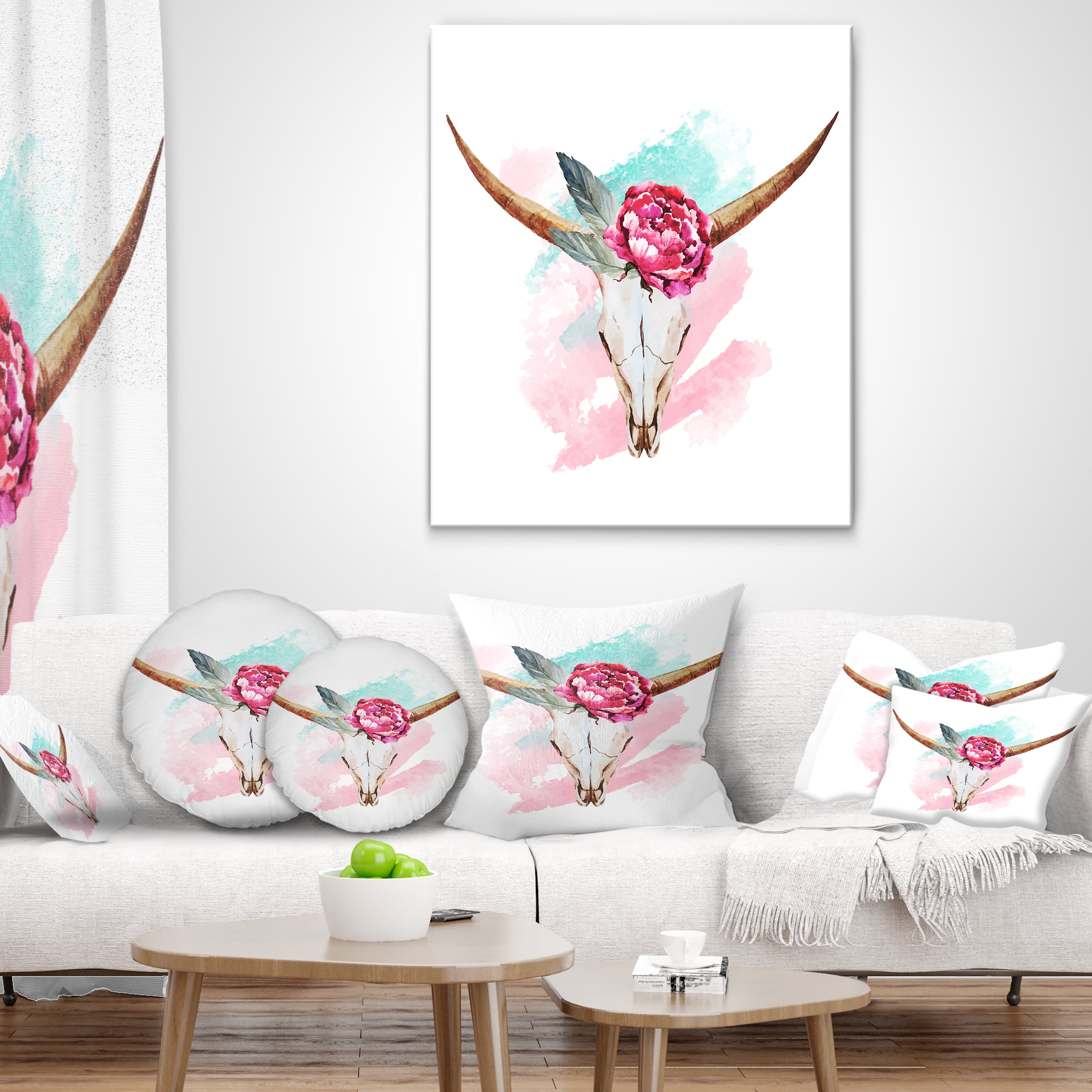 Designart Bull Skull and Flower - Floral Throw Pillow - 16x16