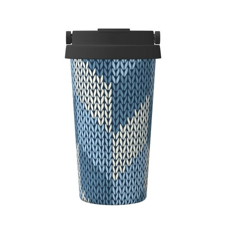 

Uemuo Cozy Knitted Blue Chevron Print Carry Insulated Coffee Mug Travel Mug with Hidden Handle Insulated Coffee Flask Leak-proof Travel Mug Insulated Mug for Office