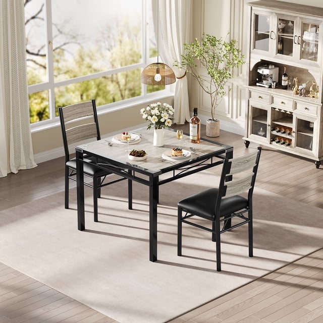 Dining Table Set for 2, Dining Room Table Set for 4 with Corner Protector, Wood Kitchen Table and Chairs Set of 2 with Upholstered Chairs for Small Space, Kitchen Room, Apartment