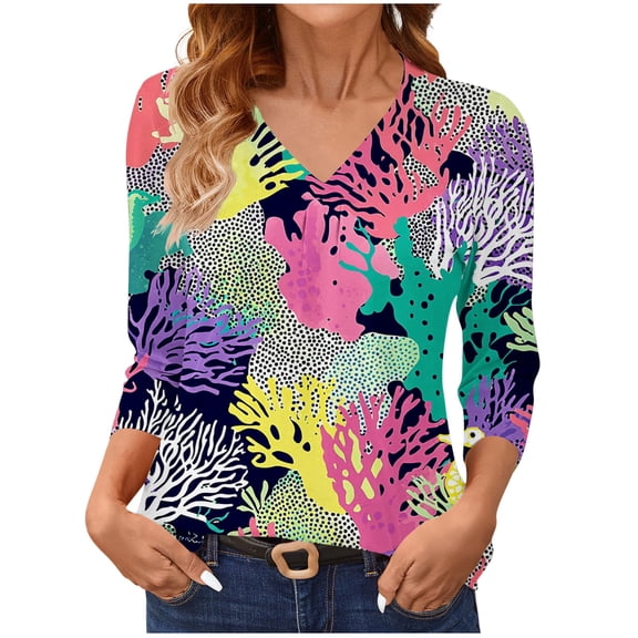 successthop V Neck Blouses for Women Dressy 3/4 Sleeve Tops Lightweight Pullover Clothes Graphic Causal Tee Shirts