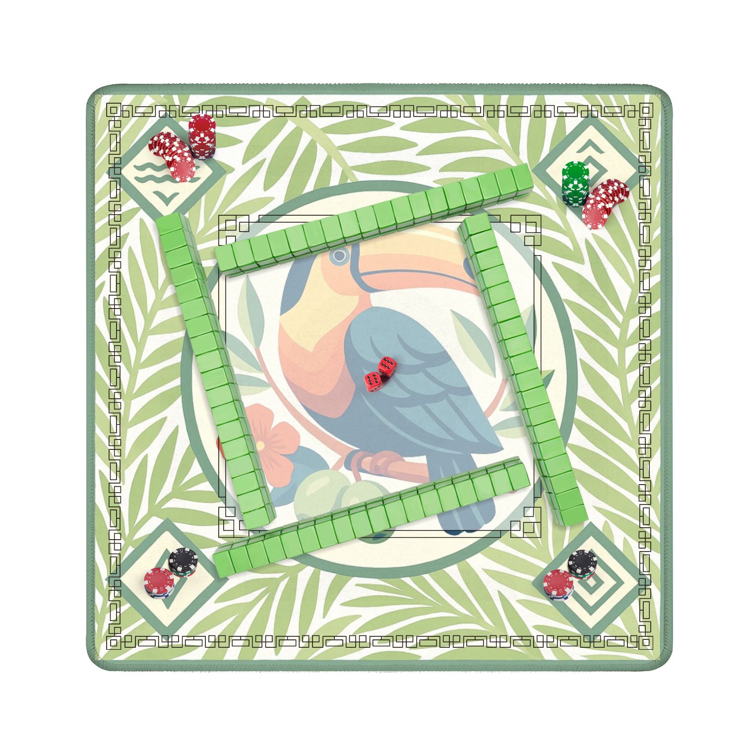 Mahjong Mat 31.5" x 31.5" Tropical Toucan Bird Vibrant Plumage Green Leaves Anti-Slip and Noise Reduction Symmetry Design Mahjong Tiles Table Cover for Dominoes Poker Card Board and Tile Games
