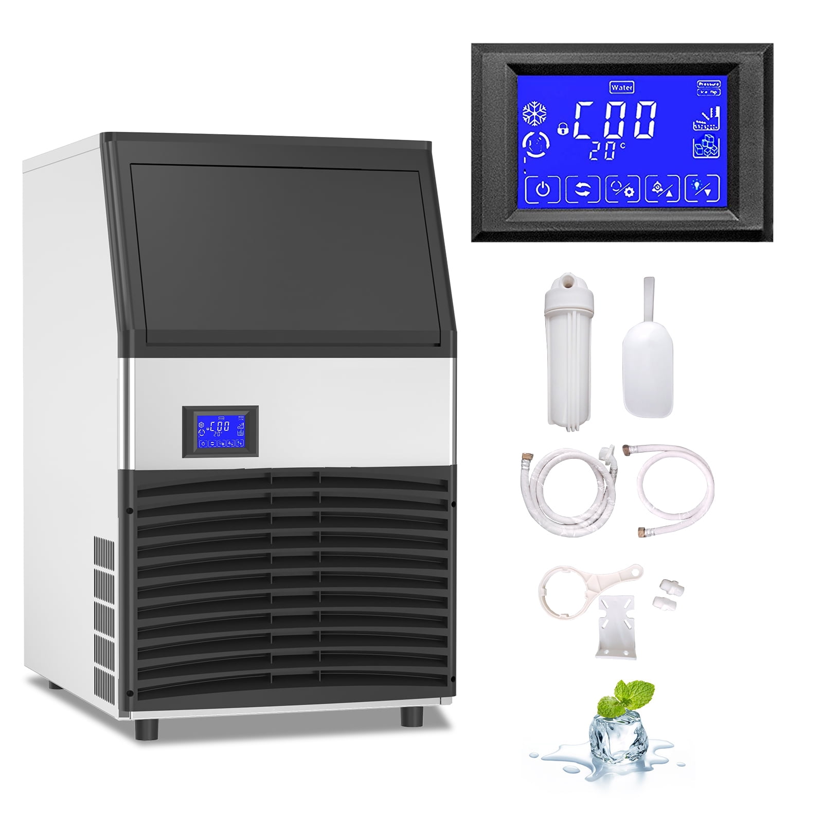 Commercial Grade Ice Maker Machine 600W 150LBS/24H with 90LBS Bin, Full Heavy Duty Stainless