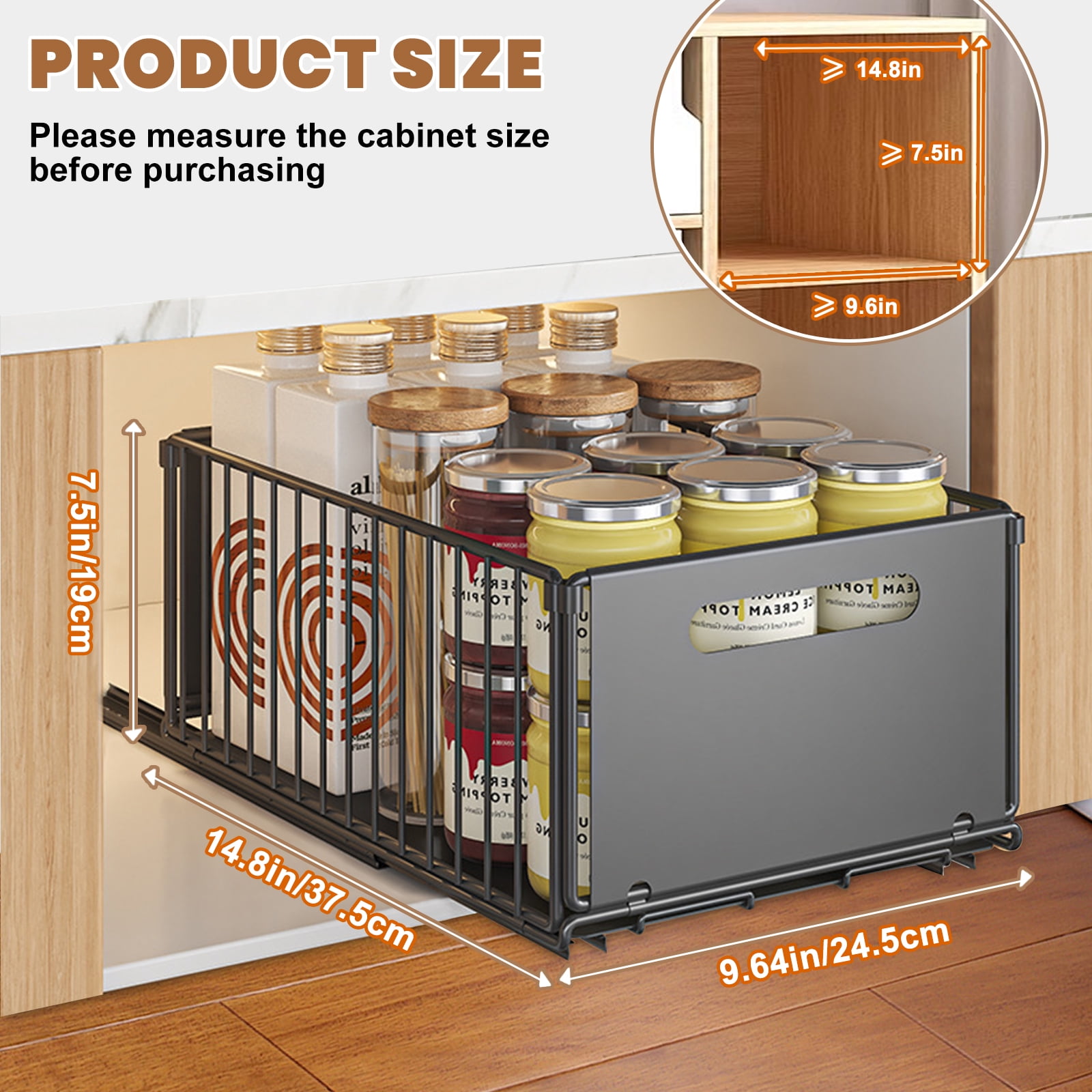2 Pack Pull Out Cabinet Organizer,Under Sink Organizer,Slide Out Drawers for Cabinets, Peel and Stick, Heavy Duty Shelves for Kitchen, Cupboard, Pantry, Bathroom (14.76" D*9.65" W*7.48" H-Black)