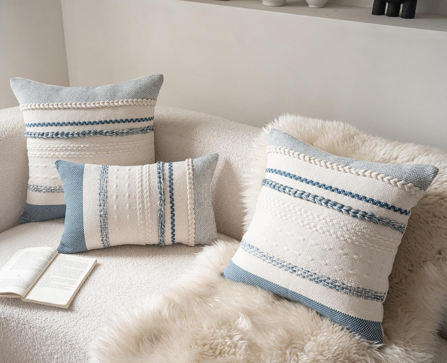 Boho Style Throw Pillow Covers Set of 2 18x18 Inch Textured Blue Couch Accent Cushion Covers