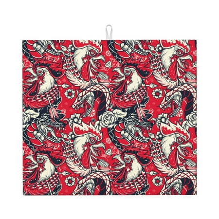 

Xecao Rooster Head Print Dish Drying Mat for Kitchen Counter Absorbent Coffee Bar Mat Dish Drainer Rack Mats Dining Room Decoration