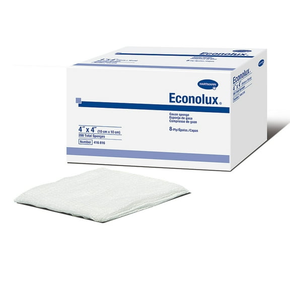 Econolux Non-Sterile 8-Ply Cotton Square Gauze Sponges, 4"x 4", 200 per Pack, 20 Packs, 4000 Total