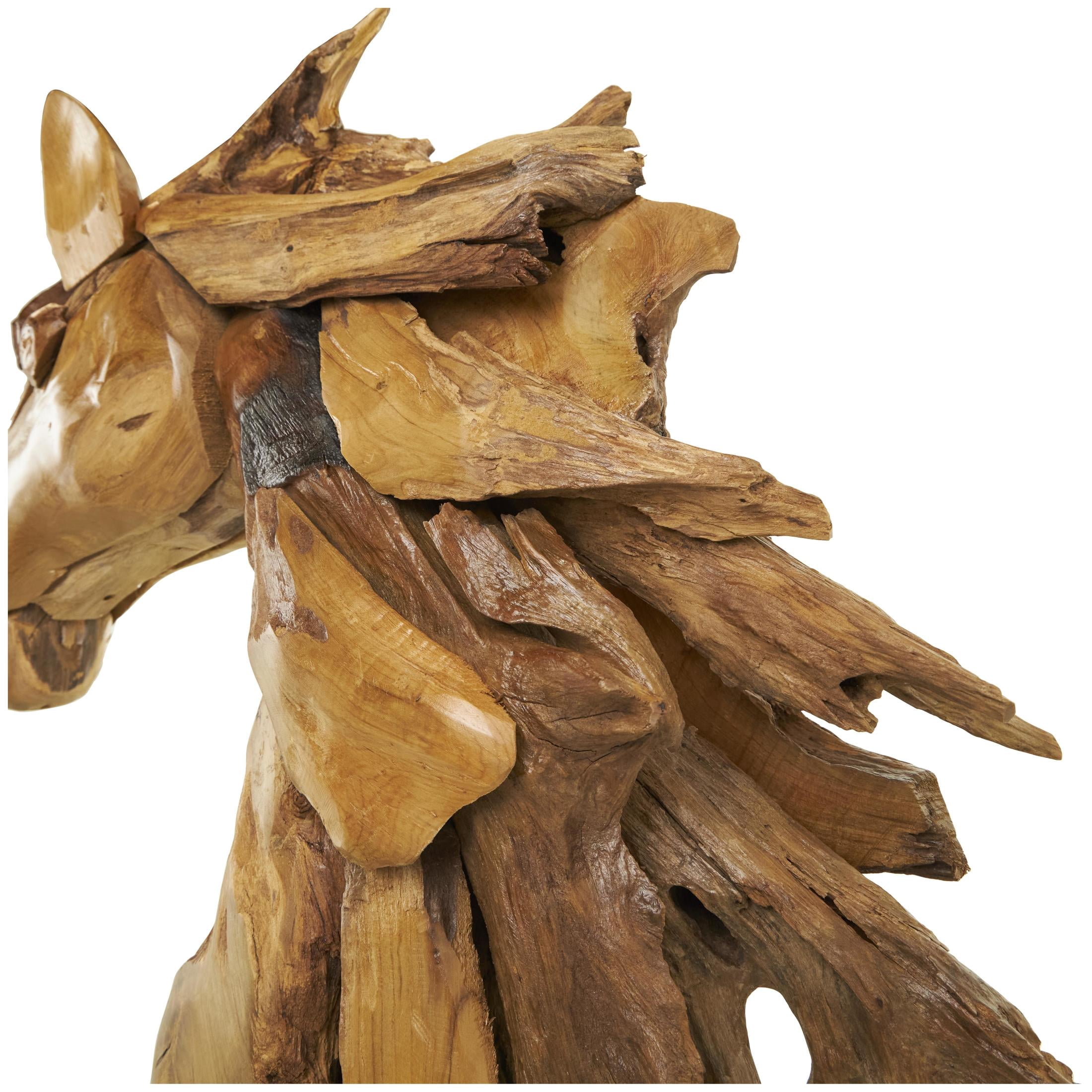 31" x 33" Brown Teak Wood Handmade Horse Sculpture, by DecMode