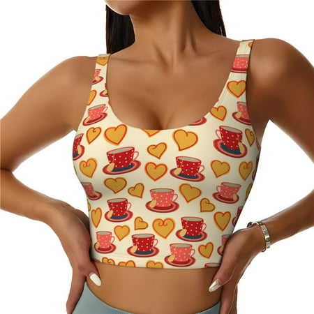 Jgfou Cups of Tea Print Womens Sports Bra - Padded Workout Sports Bras Crop Tank Top