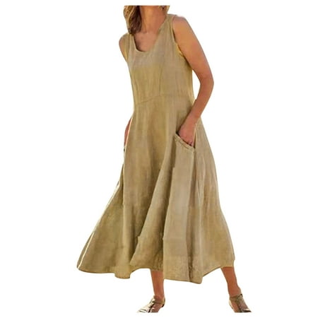 Summer Dresses For Women 2022 Womens Casual Solid Cotton Linen A-Line Dress Sleeveless Pocket Loose Dress