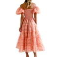 thumbnail image 3 of ZAXARRA Femmes Été Décontracté une Ligne Robe Courte Manches Bouffantes sur l'Épaule Midi Plaid Robe, 3 of 4