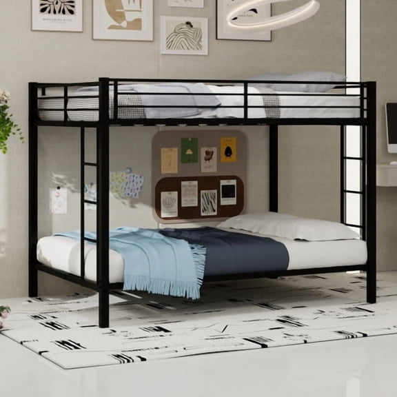 Full-Over-Full Metal Bunk Bed with Ladders and Guardrails, Steel Frame for Adults/Teens, Space-Saving for Dorms/Shared, Sturdy Iron, Black