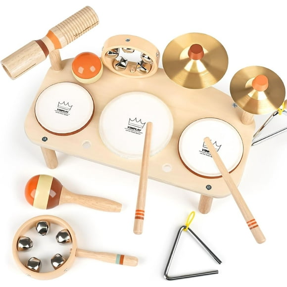 Juego de batería Vanplay para niños de más de 3 años, juguetes musicales de madera 11 en 1