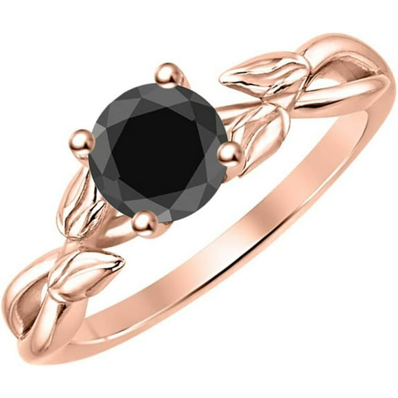 925 Sterling Silver 14K Rose Gold Finish Round Cut Black Diamond Leaf Solitaire Engagement Ring For Womens