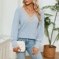 thumbnail image 7 of BLVB Womens V Neck Lace Crochet Fall Long Sleeve Tee Shirts Knit Ribbed Tops Fashion Clothes Tunics Blouses Light Blue, 7 of 7