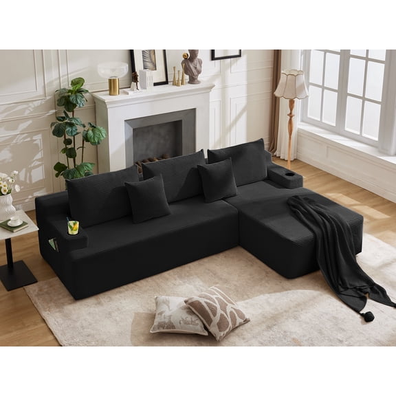 106" L-Shaped Couches for Living Room, Free Combination Sofa with Side Pocket, Cup Holders & Plump Pillows, Oversized 4-Seater, No Assembly Required, Black