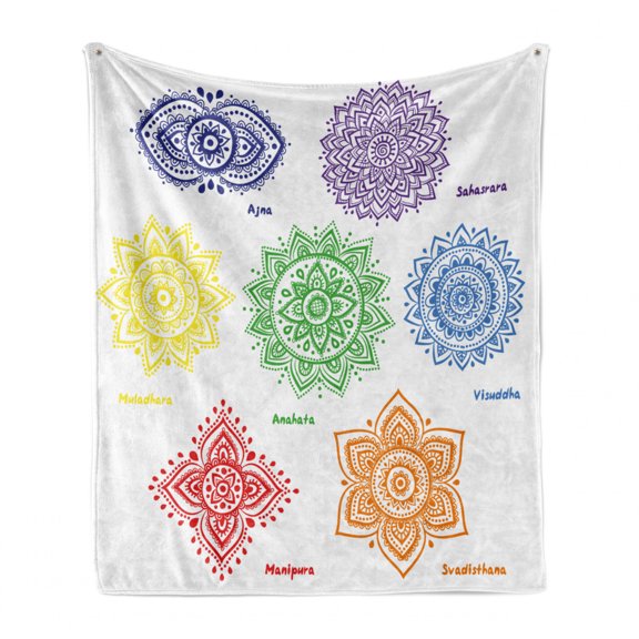 Colorful Soft Flannel Fleece Throw Blanket, Different Colors with Ornate Round Mandala Oriental Style Print, Cozy Plush for Indoor and Outdoor Use, 60" x 80", Multicolor, by Ambesonne