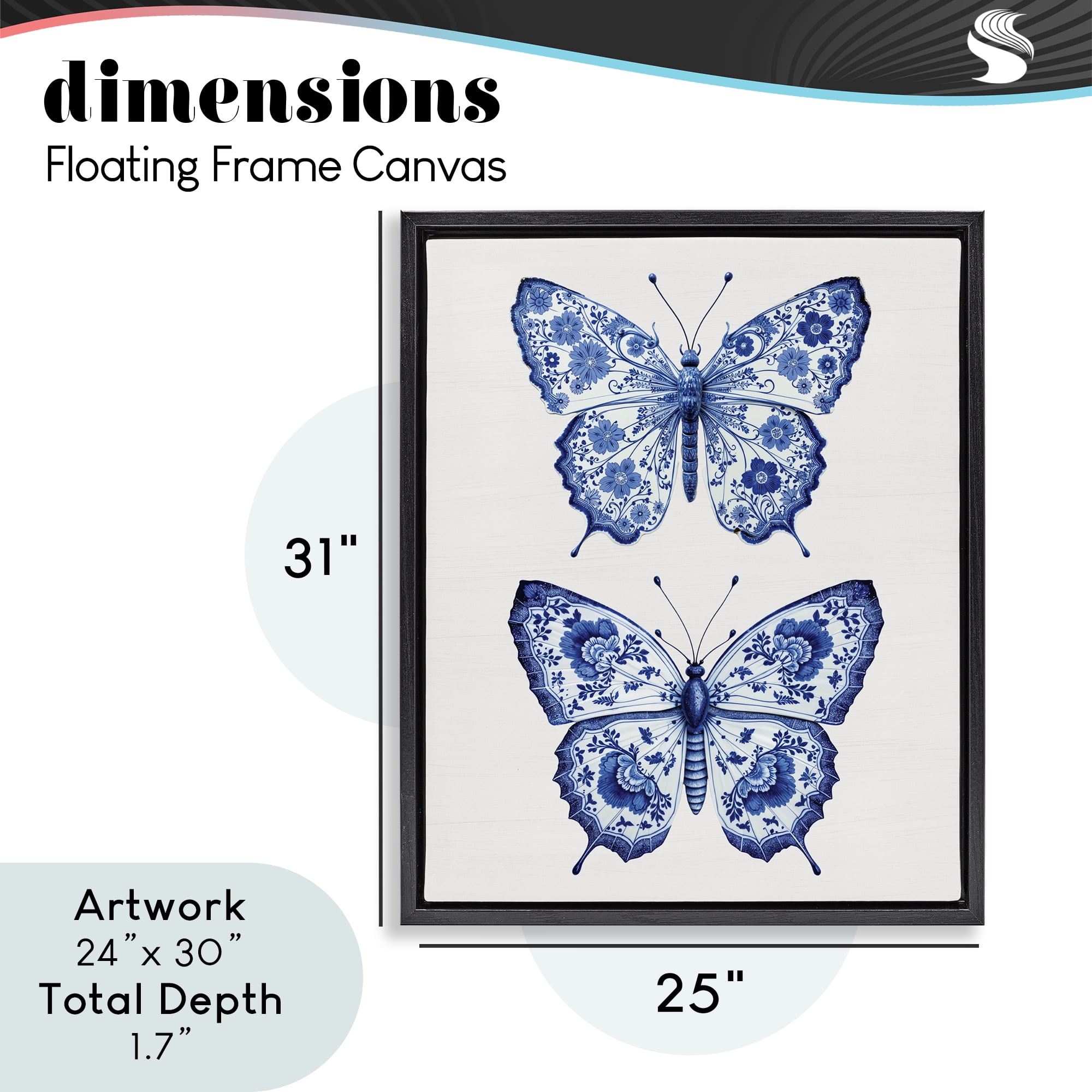 Ornate Toile Pattern Butterflies Black Framed Floater Canvas Wall Art, design by Lettered and Lined